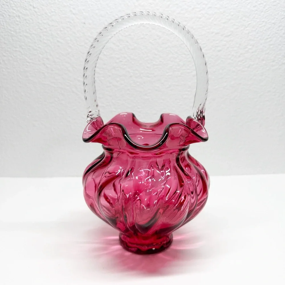 Vintage Fenton Country Cranberry Swirl Melon Art Glass Basket